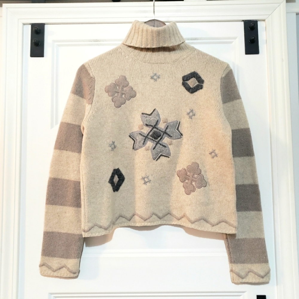Vtg Eddie Bauer Womens S Lambswool Knit Sweater Snowflake Turtleneck Beige Tan